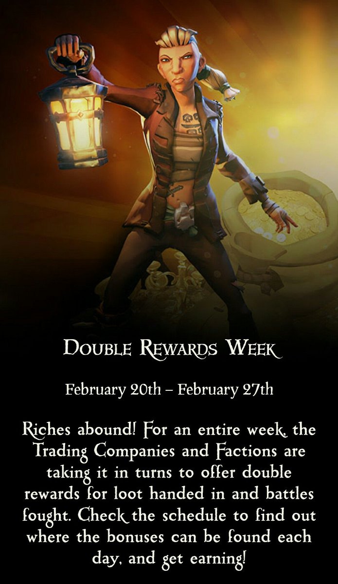 DreadedDripp's tweet photo. ๐ดโโ ๏ธ DOUBLE REWARDS WEEK ๐ดโโ ๏ธ
(A breakdown of days thread)
Feb 20th - Feb 27th ๐
(00:00 - 23:59 UTC)
Time to grab yourselves some monies! ๐ฐ
By graft or theft ๐
@SeaOfThieves @RareLtd #SoT23 #SeaOfThieves #GonnaBeRich https://t.co/GY27YVLtNw