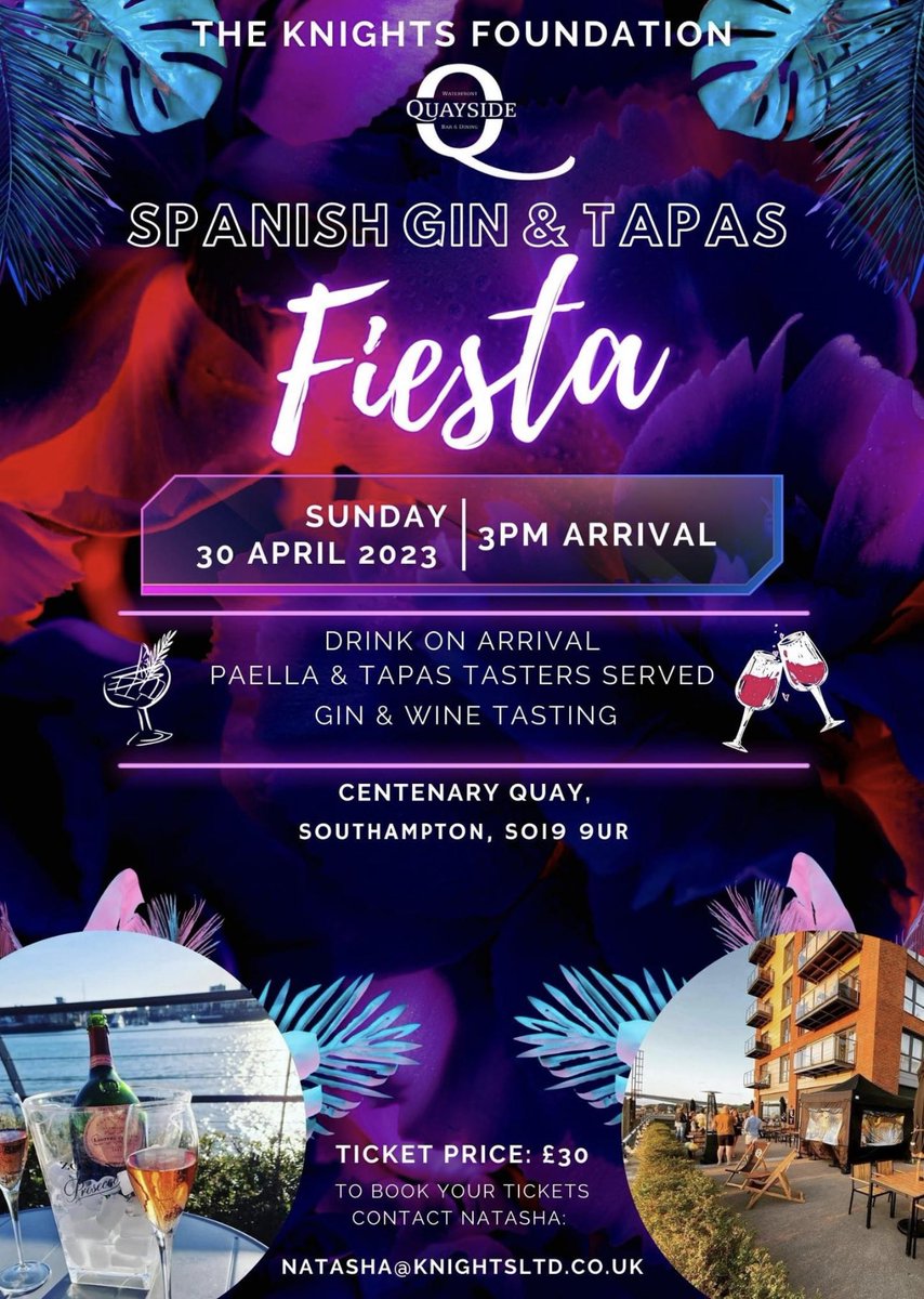 Spanish Gin &amp; Tapas Fiesta! 
Sunday 30th April 2023 
3pm Arrival 

Drink on arrival🍹
Paella &amp; Tapas tasters served 🥘
Gin &amp; Wine tasting 🥂

Contact Natasha for tickets on Natasha@knightsltd.co.uk