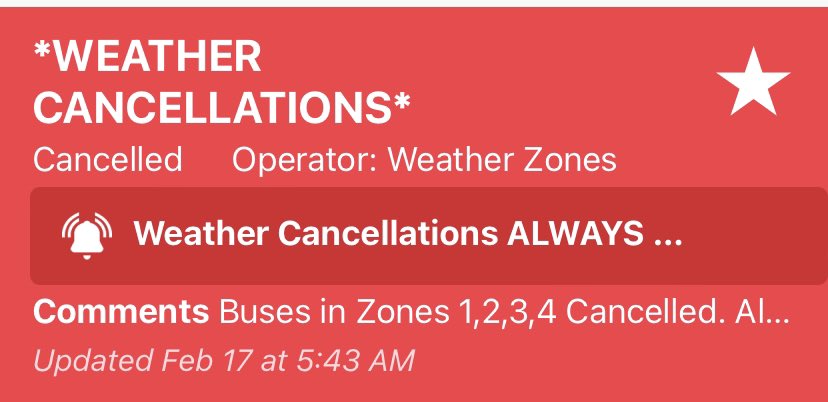 Good morning Wildcats!  Bus transportation in zones 1-4 is canceled today. This means both to and from school. Schools will remain open. Please travel safely today.