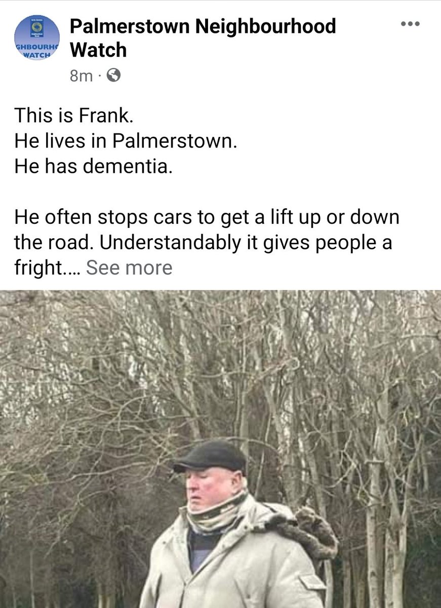 Frank lives in #Palmerstown. He has dementia and stops cars for a lift on Kennelsfort rd, Village, Oakcourt. He's harmless,but it understandably scares some ppl.
If you feel comfortable, you might give a lift &amp; if not,lock car doors, he'll move to the next one. 
Look after him 👍