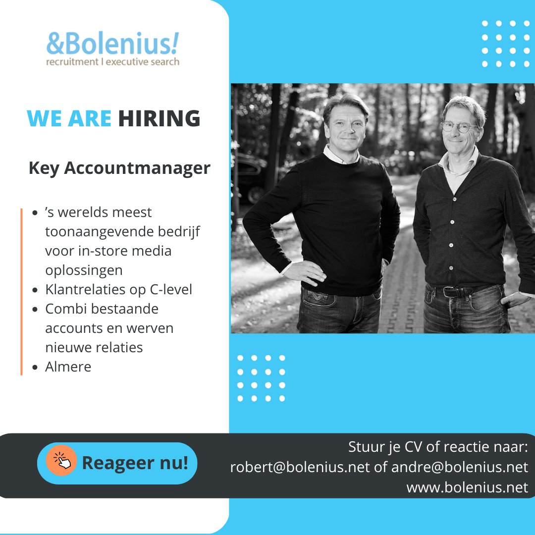 robertbolenius's tweet photo. Wij zoeken een Key Accountmanager: customer experience, netwerk binnen Retail, Hospitality/leisure en consultative selling ervaring voor ’s werelds meest toonaangevende specialist voor in-store media oplossingen. Accounts als Dyson, Intersport, Rolls Royce, Jumbo &amp; Centerparcs. https://t.co/d5kycyCVD4