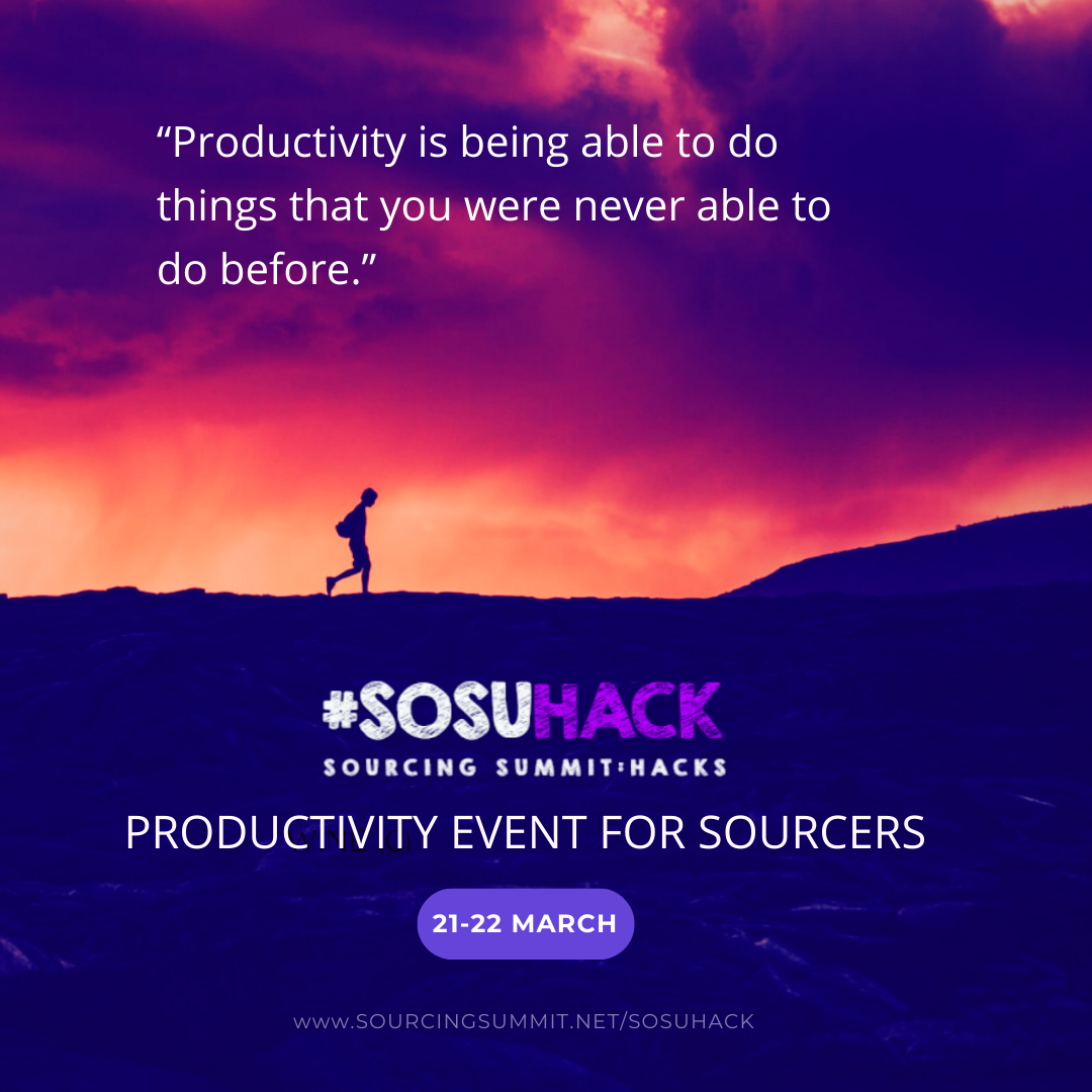 Our next virtual event is on 21-22 March, We're setting our sights on PRODUCTIVITY from the perspective of sourcers and sourcing. It's going to be hacks, tricks, tech and tools galore.  Don't miss #SOSUHACK .  Early bird price on now&gt;  hi.switchy.io/CEyj