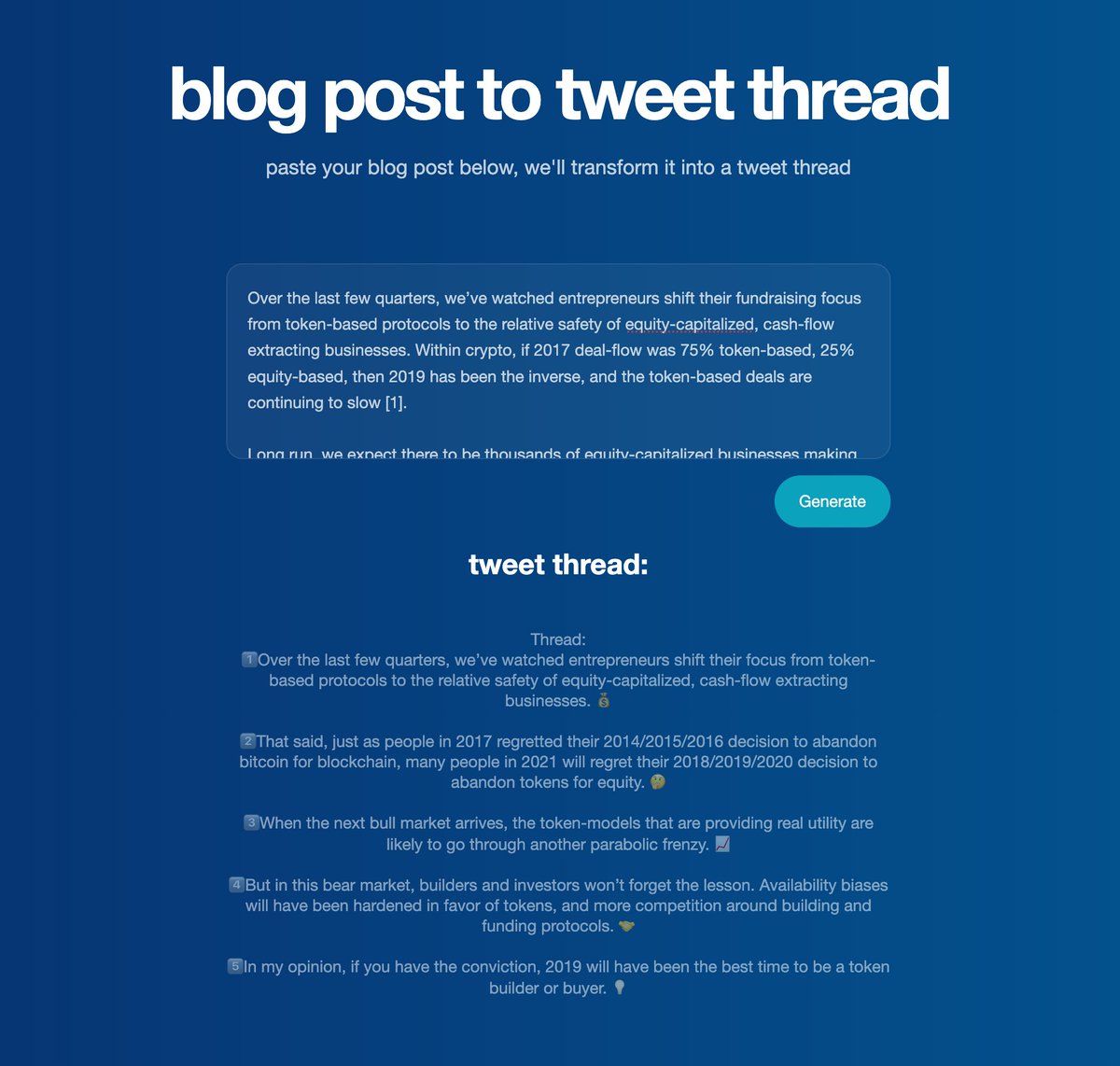 Huzayfah___'s tweet photo. Transformed a blog post from one of my favourite Crypto VCs: @cburniske into a tweet thread using @OpenAI API.

Still tinkering with UI, base prompt and temperature to get the perfect output.

Thank you @_buildspace and @FarzaTV for starting me off with an incredibly fun project. https://t.co/9NVVA21dHv