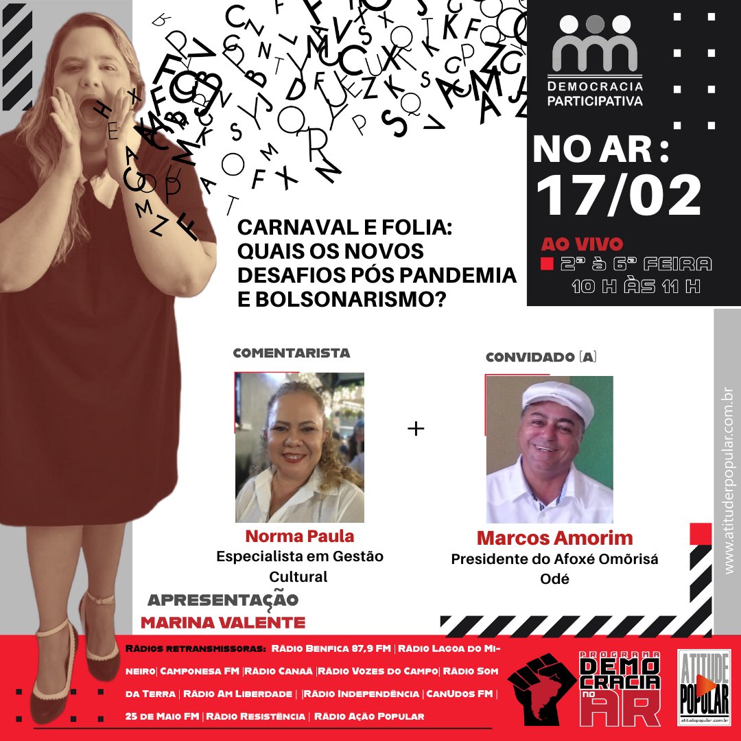 donamegafone's tweet photo. CARNAVAL E FOLIA: QUAIS OS NOVOS DESAFIOS PÓS PANDEMIA E BOLSONARISMO?
Convidados: Norma Paula (Especialista em Gestão Cultural) e Marcos Amorim (Presidente do Afoxé Omõrisá Odé)
#DemocracianoAr #Carnaval #Cultura #afoxés https://t.co/354D4Keeuz