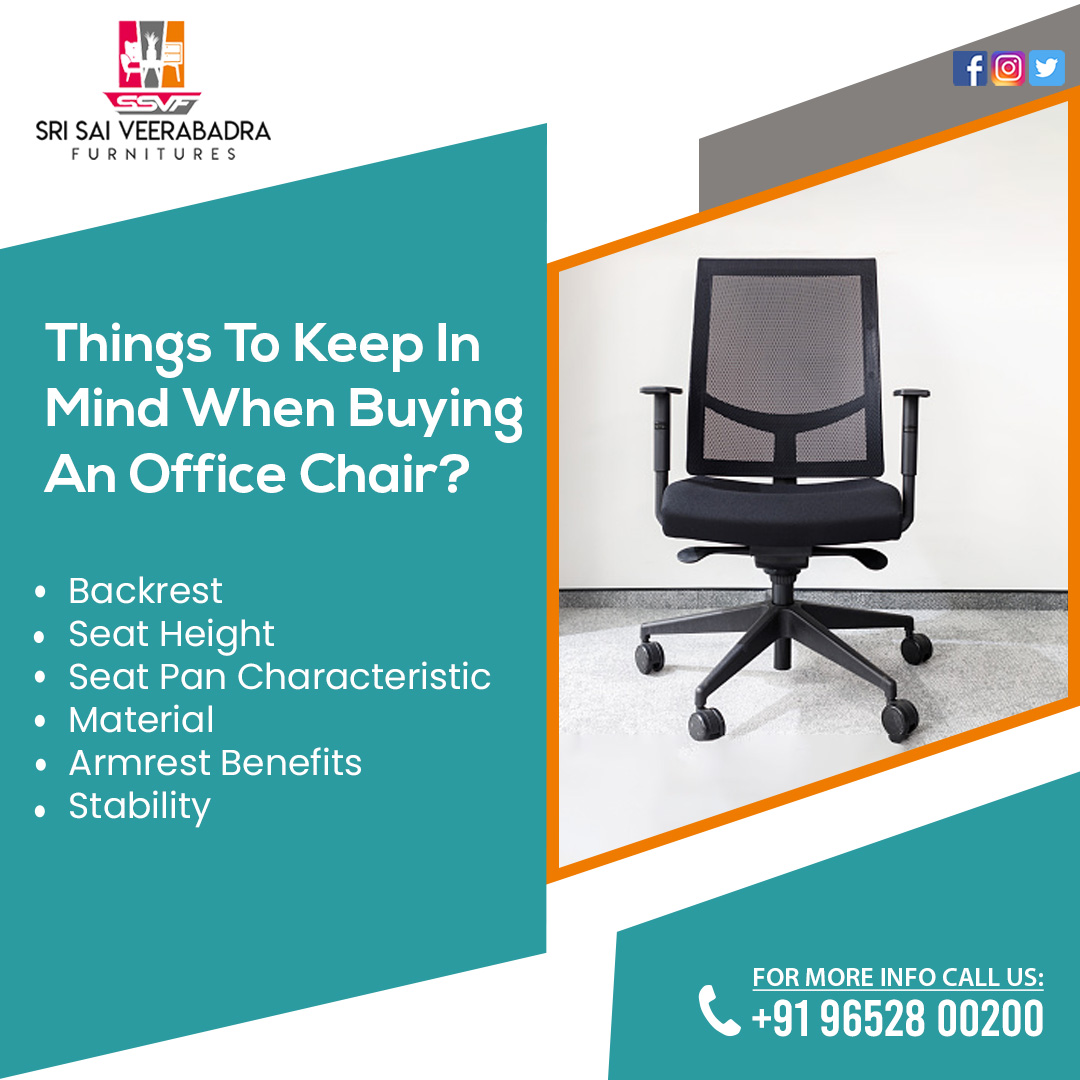 Things to keep in mind when buying an office chair?
1. Backrest
2. Seat Height
3. Seat Pan Characteristic
4. Material
5. Armrest Benefits
6. Stability

#chairs #furniturestore #ssvf #srisaiveerabadrafurniture #luxurychairs #stool #serenavanderwoodsen #officechair #chair #design