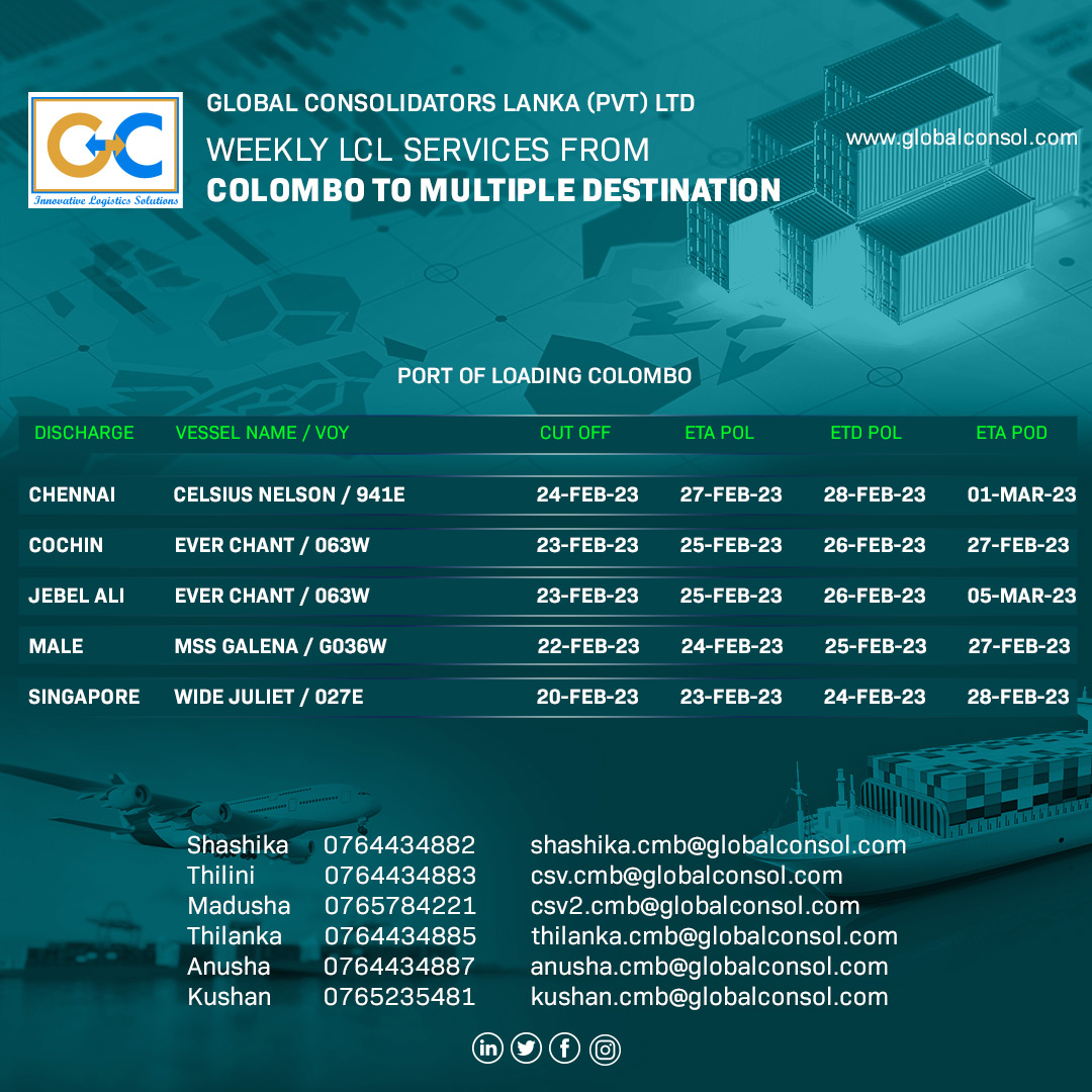 Make the most of our LCL service from #colombo to #multiple #destinations and experience world class customer service.
#freight #vessel #transportation #export #containership #LCL #supplychainmanagement #supplychain #freightforwarding