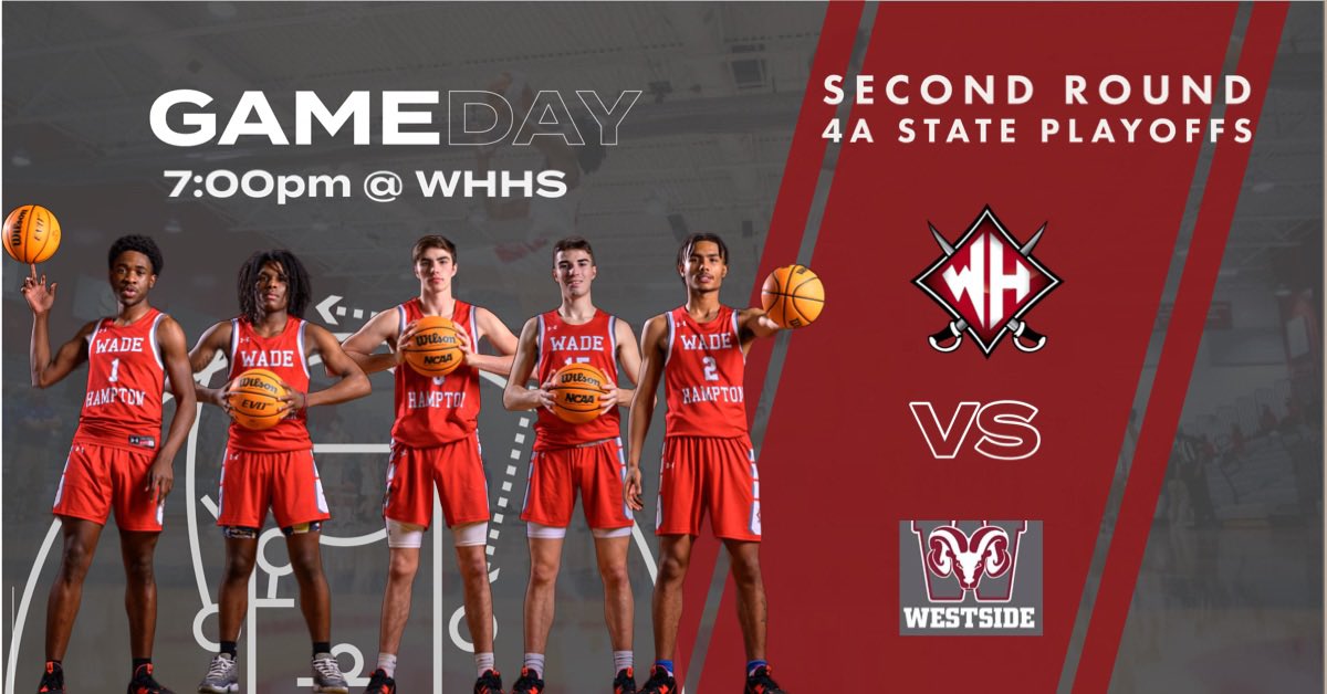 🏀GAMEDAY🏀
📅 February 17th
🆚 Westside 
⏰ 7:00
📍 John Ross Gymnasium (WHHS)
📌4A-Second Round Playoff Game

Tickets are $8 on GoFan or at the door. Doors open at 6:00. Only SCHSL passes will be accepted.