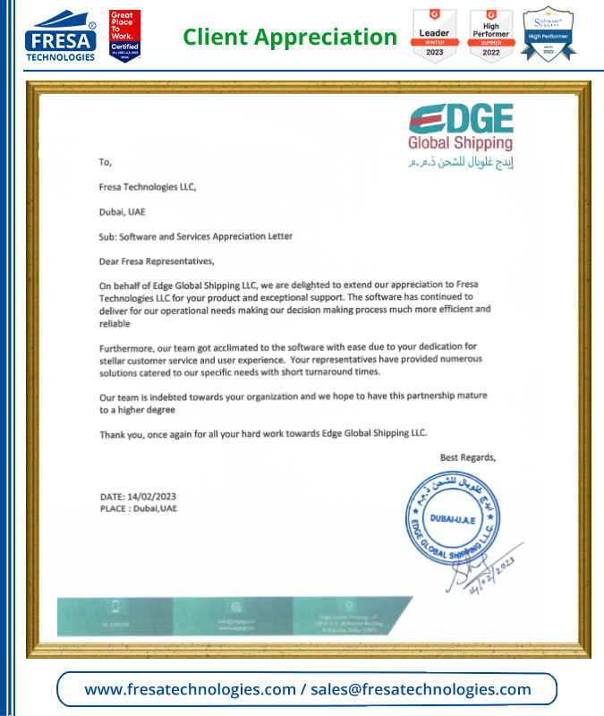 fresatechnology's tweet photo. Dear Fresa Representatives,
On behalf of Edge Global Shipping LLC, We are delighted to extend our appreciation to Fresa Technologies LLC for your product and exceptional support.
#fresa #Client_Appreciation #partnership #hardwork #deliver #Edge_Global_Shipping_LLC https://t.co/lxxXQqZCAe