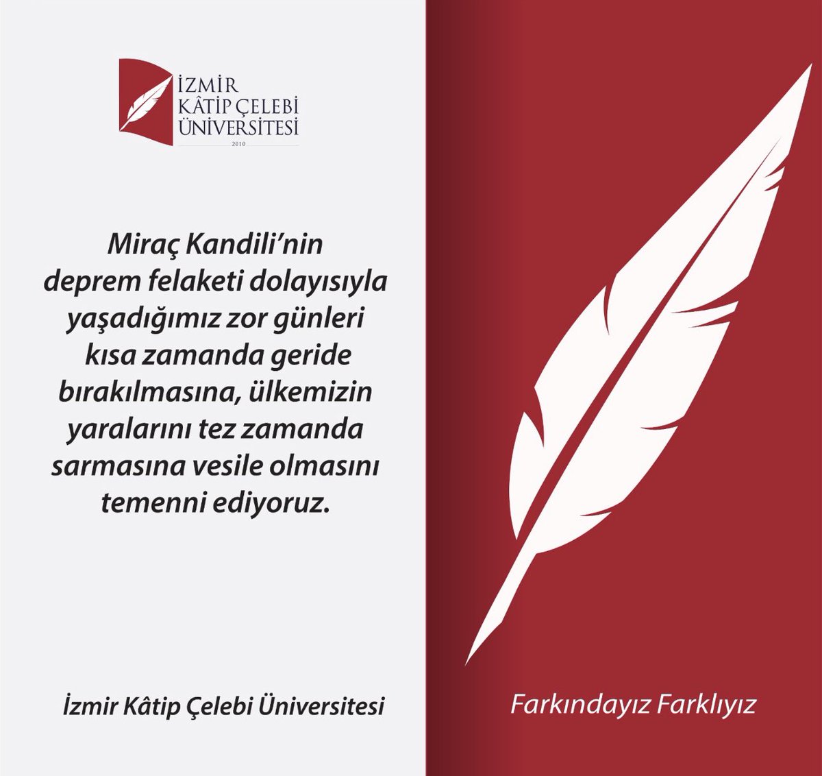 Miraç Kandili’nin deprem felaketi dolayısıyla yaşadığımız zor günleri kısa zamanda geride bırakılmasına, ülkemizin yaralarını tez zamanda sarmasına vesile olmasını temenni ediyoruz. #miracgecesi