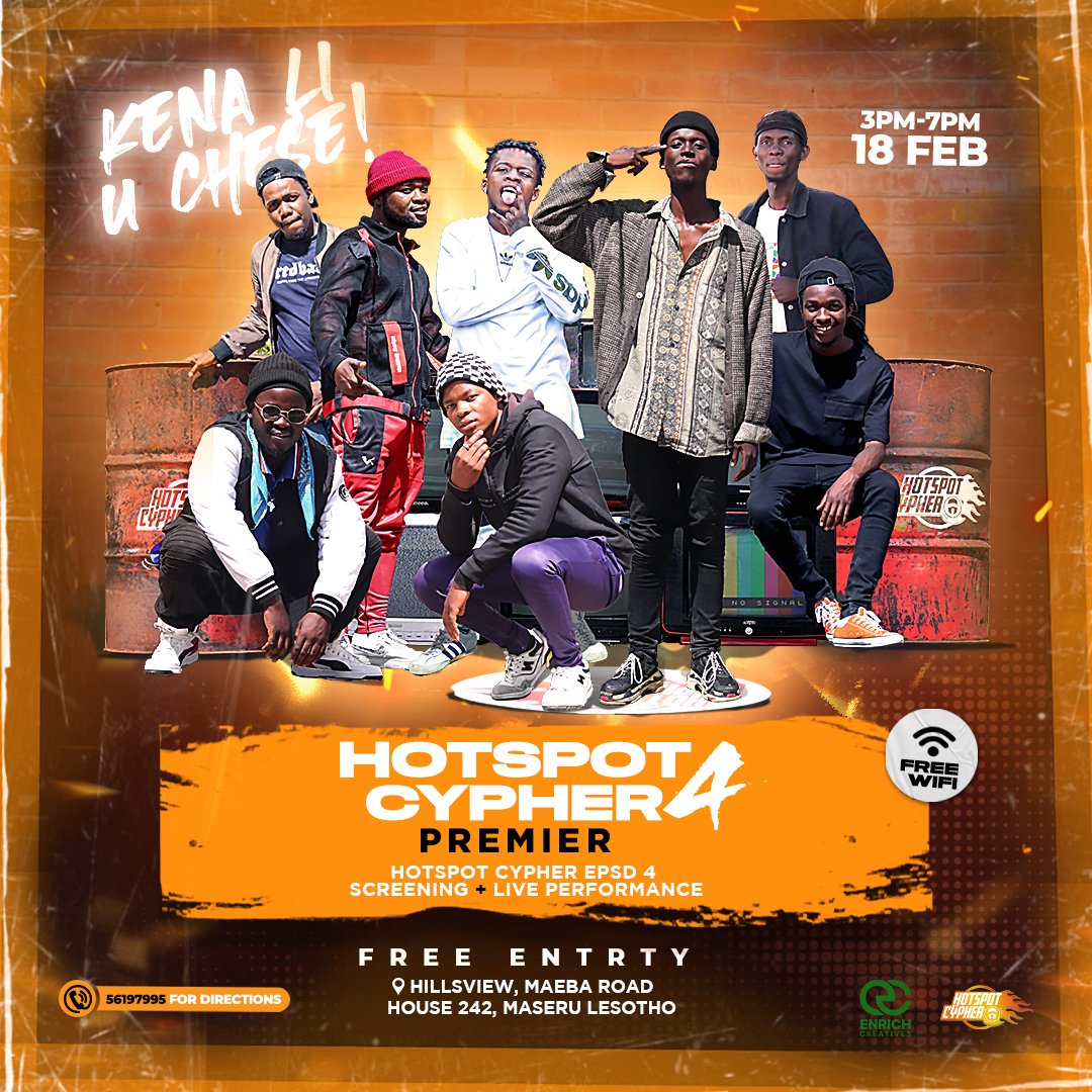 StrictlyLSMusic's tweet photo. EPISODE 4 OF THE BIGGEST CYPHER IN THE COUNTRY IS PREMIERING TOMORROW.
Hosane le mengoa ho tla tlo e shebella premier ea eona live at #EnrichCreatives at Hillsview. Wifi will be free. Entrance will be free.
#HotspotCypherLesotho
#HiphopInLesotho https://t.co/I6iAn4xyVu
