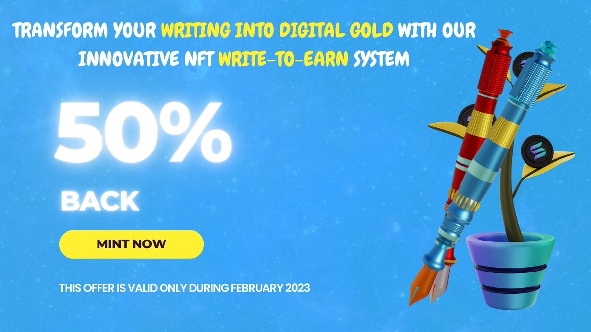 Transform Your Writing into Digital Gold with Our Innovative NFT Write-to-Earn System ✍️

0.5 Sol back to your wallet. This offer is valid only during February 2023

Join the NFT revolution and mint your own NFT now 🚀

Mint Now: mint.blockfy.org

#NFT #NFTs #NFTCommmunity
