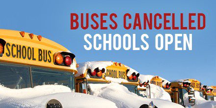 Feb 17th - all bus routes are cancelled for the day but the school remains open for all staff an students. Please use School Messenger to report an absence, and if you drop someone off at the school would normally ride a bus, they will require a pick up at the end of the day.