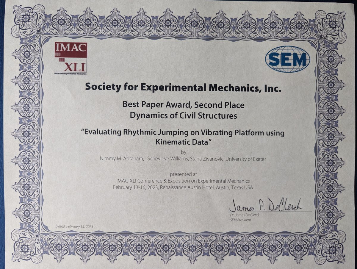 Congratulations to our #PhD student <a href="/nimmy555/">Nimmy Mariam Abraham</a>  for her second place award for the best paper at the <a href="/SocietyExpMech/">Society for Experimental Mechanics</a> IMAC XLI conference.