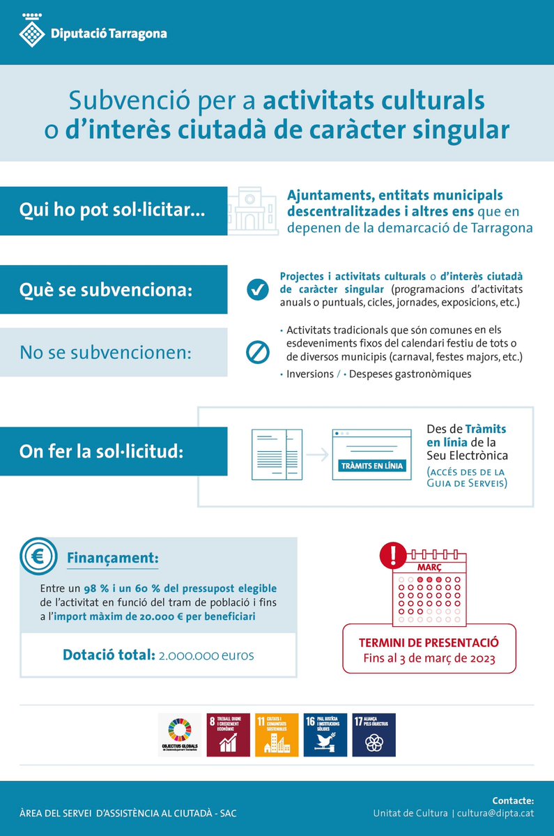 Dipta_cat's tweet photo. #GuiaServeisDipta 🔵 Si sou un #enslocal ja podeu sol·licitar els ajuts de la @Dipta_cat per a projectes i activitats culturals o d’interès per la ciutadania de caràcter singular
🗓️ Teniu temps fins al 3 de març
👉https://t.co/NjNlY4opz7
#DiptaSuma #MésCultura #MunicipisDipta https://t.co/Pv9p09Bgqw