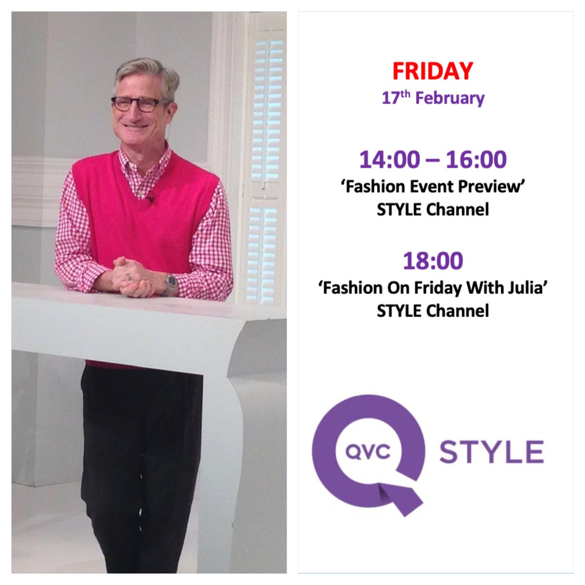 PatrickHHoy's tweet photo. FRI-YAY!!
Due to some VERY last-minute changes…I’m happy to say that I’ll be gracing your screens today on the @qvcuk Style Channel for 3 hours of fabulous fashion programming!
Hope you can join me!
#QVCUK #StyleChannel #FriYay #RacingToQVC https://t.co/TneMiveTN7
