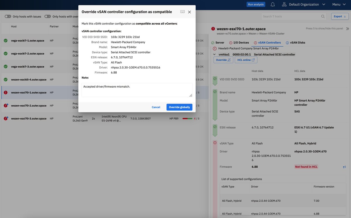#RunecastProTip #2

Overriding in HW Compatibility works in a very smart way - it's applied not to a single value but to the whole configuration. As soon as something changes - #ESXi version, fw version etc. <a href="/Runecast/">Runecast</a> will re-evaluate it against the #VMware HCL.