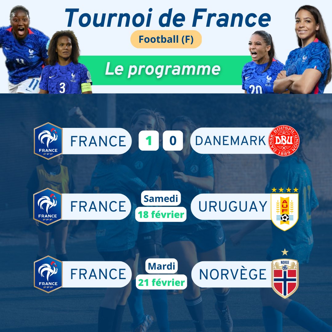 [𝙁𝙤𝙤𝙩𝙗𝙖𝙡𝙡 - 𝙏𝙤𝙪𝙧𝙣𝙤𝙞 𝙙𝙚 𝙁𝙧𝙖𝙣𝙘𝙚 (𝙁)] 🏆

Au programme,
⚽ 18/02 à 21h10 : FRANCE 🆚 🇺🇾 URUGUAY
⚽ 21/02 à 21h10 : FRANCE 🆚 🇳🇴NORVÈGE

ALLEZ LES TRICOLORES ! 💪🔵⚪🔴

----
#scorenco #france #equipedefrance #equipedefrancefeminine
