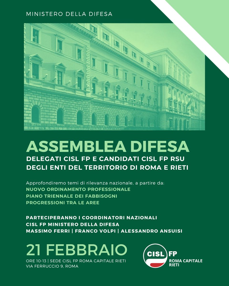 cisl_fplazio's tweet photo. 📢🟢 @MinisteroDifesa, #assemblea #delegati e #candidati #Rsu #Cisl Fp del territorio di #Roma e #Rieti su #ordinamento professionale, piano #fabbisogni, #progressioni
📌 #21febbraio | ore 10-13 | Sede @cisl_fplazio e @cislfproma, via Ferruccio 9, #Roma
#ilmiolavorovale https://t.co/MzzgUuDWa1