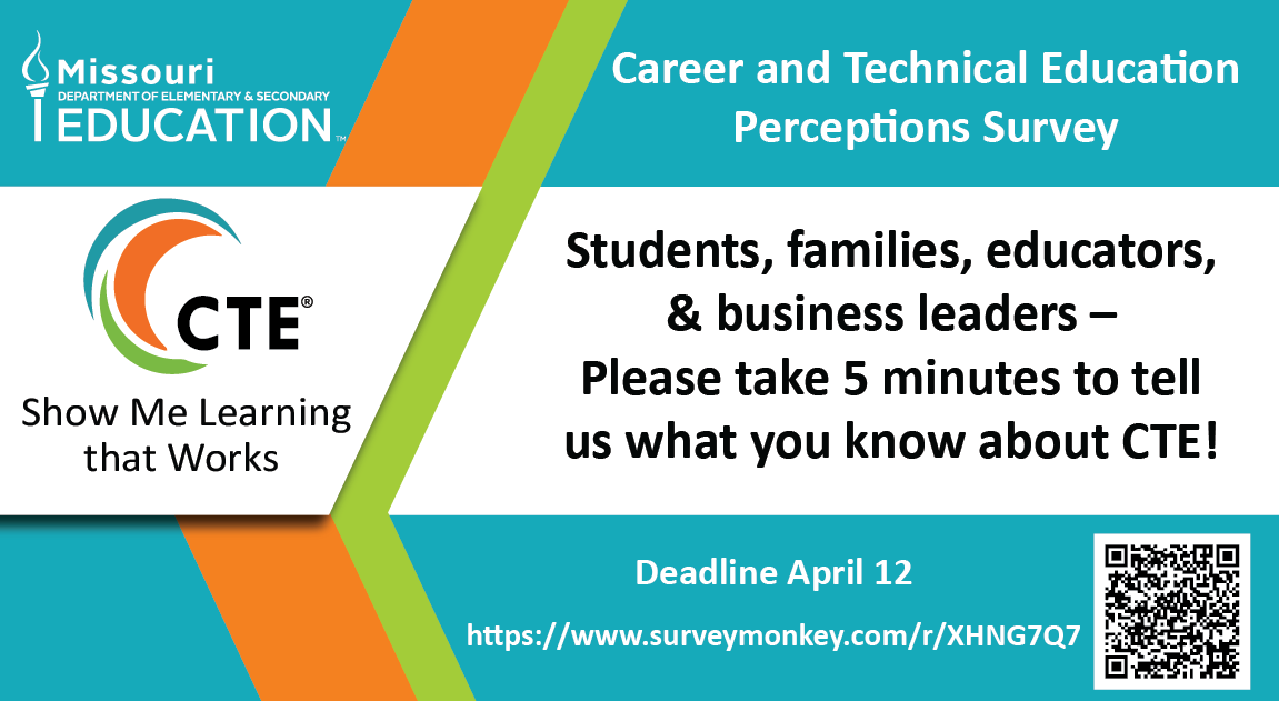 MOEducation's tweet photo. Students, families, educators, and business leaders, DESE’s Career and Technical Education Advisory Council wants to hear what you know about CTE in Missouri.  Last chance for feedback! Survey closes April 12. https://t.co/nhZjCCuu7U https://t.co/Z1SuiebdD3