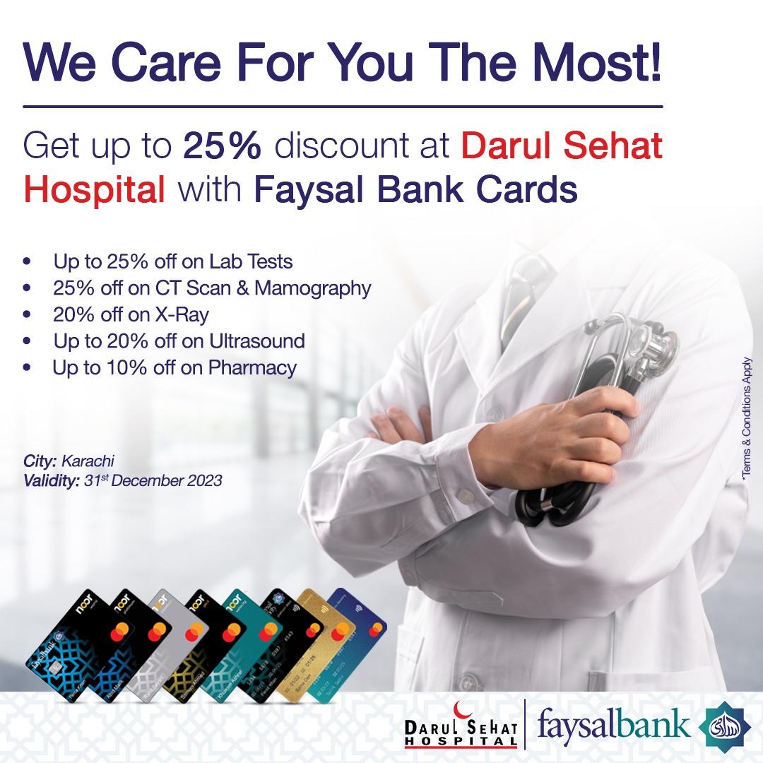 Faysalbankltd's tweet photo. Get up to 25% discount at Darul Sehat Hospital with Faysal Bank Cards!
To Apply for Faysal Bank Cards, WhatsApp us at 0310 1786 786
T&Cs apply
Validity 31st December 2023
City: Karachi
#FaysalIslami #FaysalBank #NoorCard #DarulSehat https://t.co/MGYV7xn1BO