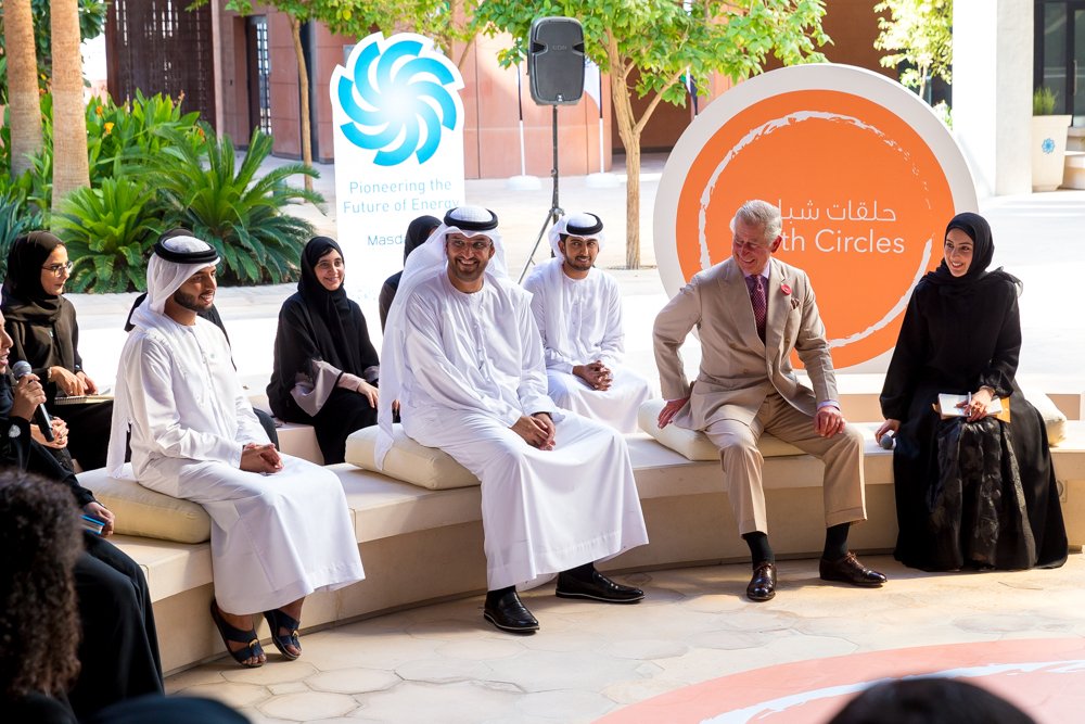 Masdar's tweet photo. HM King Charles III also joined a youth circle discussion on some of the most important global challenges and opportunities, and ways to empower youth #ForASustainableFuture. https://t.co/X9m5BfLONn