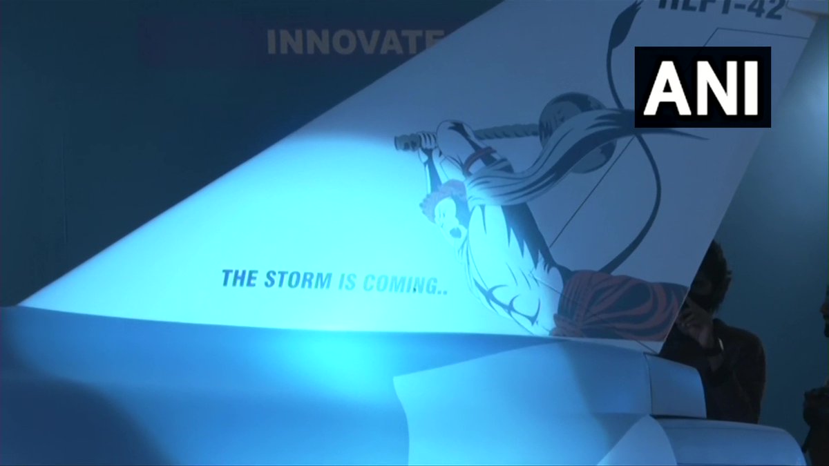 #AeroIndia2023 | Picture of Lord Hanuman once again displayed on the tail of HLFT-42 full-scale model of Hindustan Aeronautics Limited (HAL), showcased at the airshow in Bengaluru, Karnataka.