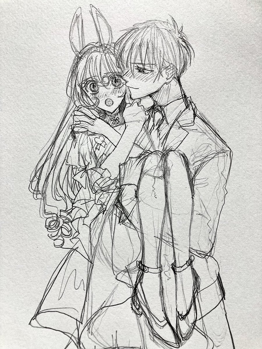 ホワイトデー絵も考え中… 先日のバレンタインカップル再登場予定🐰 #ラフ #創作
