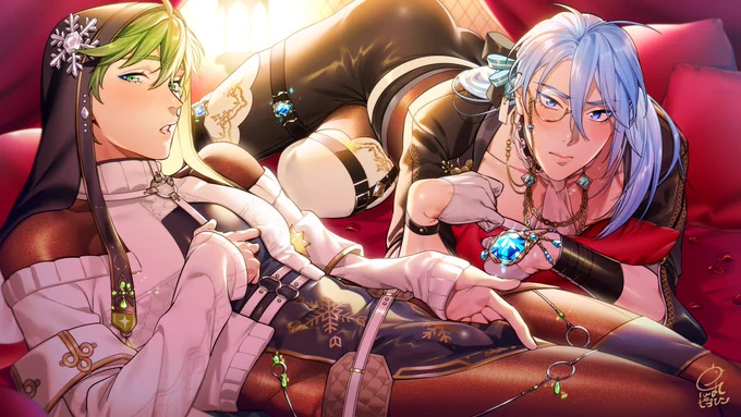  1周年まで後 6日 烏丸ピヨひこ 様から『 カーニバル』のお祝いイラストをいただきました!エドモンド様とオリビン様の艶やかなお姿に……ご主人様もドキドキが止まらないのでは? ニューカニ #1周年 #烏丸ピヨひこ 