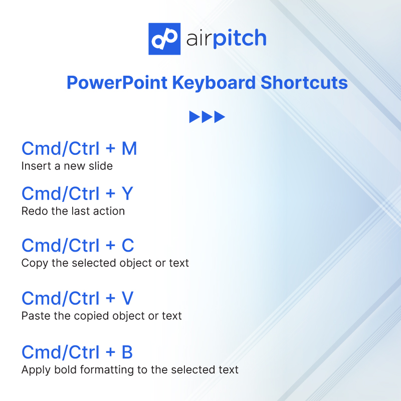 _airpitch's tweet image. 10 useful PowerPoint keyboard shortcuts that everyone should know!

#pitchdeck #powerpoint #powerpointdesign #powerpointpresentation #powerpointtemplates #investorpitchdeck #ppt #augmentedrealityapp #ar #startups #funding #funds #entrepreneurship #founder #growing