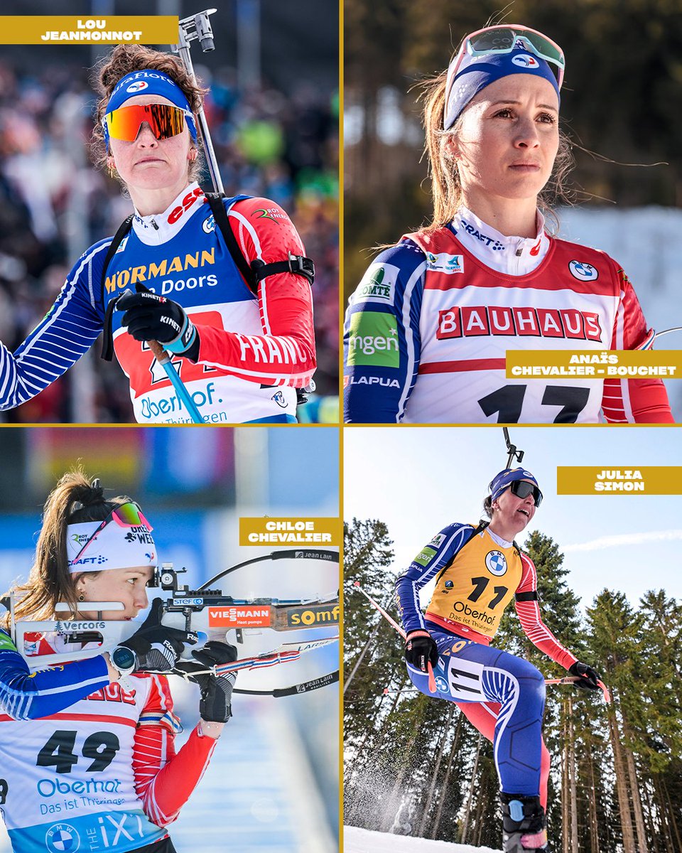 Voici la composition du Relais dames des Championnats du Monde d'Oberhof qui se déroulera ce samedi à 15:00 : 1⃣ Lou Jeanmonnot 2⃣ Anaïs Chevalier-Bouchet 3⃣ Chloé Chevalier 4⃣ Julia Simon #AllezLesBleues 🇫🇷