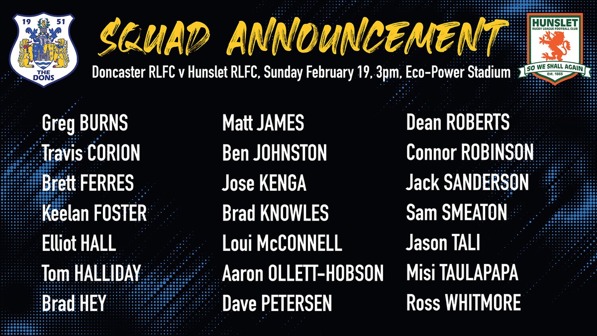 Doncaster_RLFC's tweet photo. 🔢 Richard Horne has named his 21-man squad for this weekend's Betfred League One season opener against @HunsletRLFC.
https://t.co/3bmWIigz6L #COYD https://t.co/LyORsdUX8f