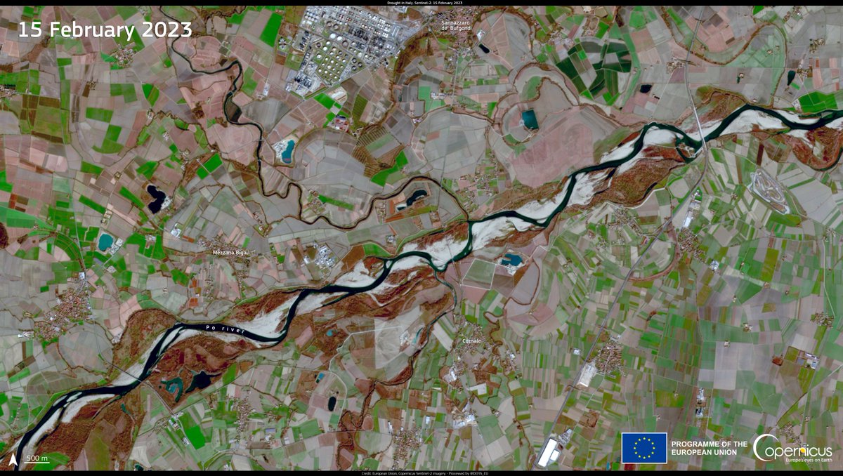 #ImageOfTheDay For the 2nd year in a row, northern #Italy 🇮🇹 is battling with severe #drought🚱 Water reserves are in serious deficit while the lack of snowfall does not bode well for the future ⬇️The Po river near Voghera as seen by #Copernicus #Sentinel2 🇪🇺🛰️on 15 February