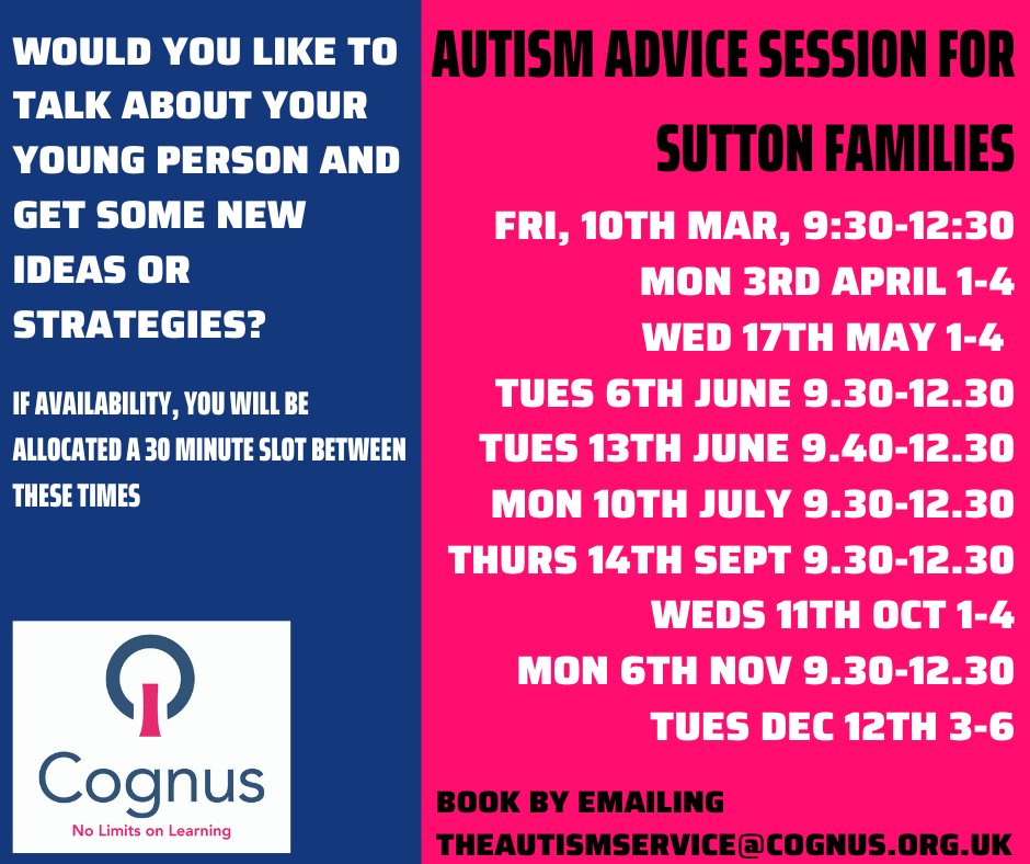SIASS (@sutton_iass) on Twitter photo If you are looking for bespoke professional advice on how to support your Autistic child at home or school, email theautismservice@cognus.org.uk to sign up for a half hour time slot to talk through your questions virtually on one of the following dates:
March 10th, 9:30-12:30pm If you are looking for bespoke professional advice on how to support your Autistic child at home or school, email theautismservice@cognus.org.uk to sign up for a half hour time slot to talk through your questions virtually on one of the following dates:
March 10th, 9:30-12:30pm