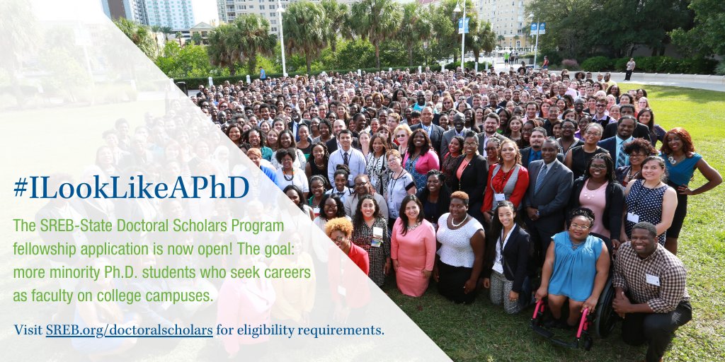 Only six weeks left to apply for the <a href="/SREBDocSch/">SREB-State Doctoral Scholars Program</a> #fellowship! The goal: more minority #PhD students who seek careers as #faculty on college campuses. Visit our site for eligibility requirements. Deadline: 3/31. ow.ly/B4oz50D6wAG #ILookLikeAPhD #highered #facultydiversity