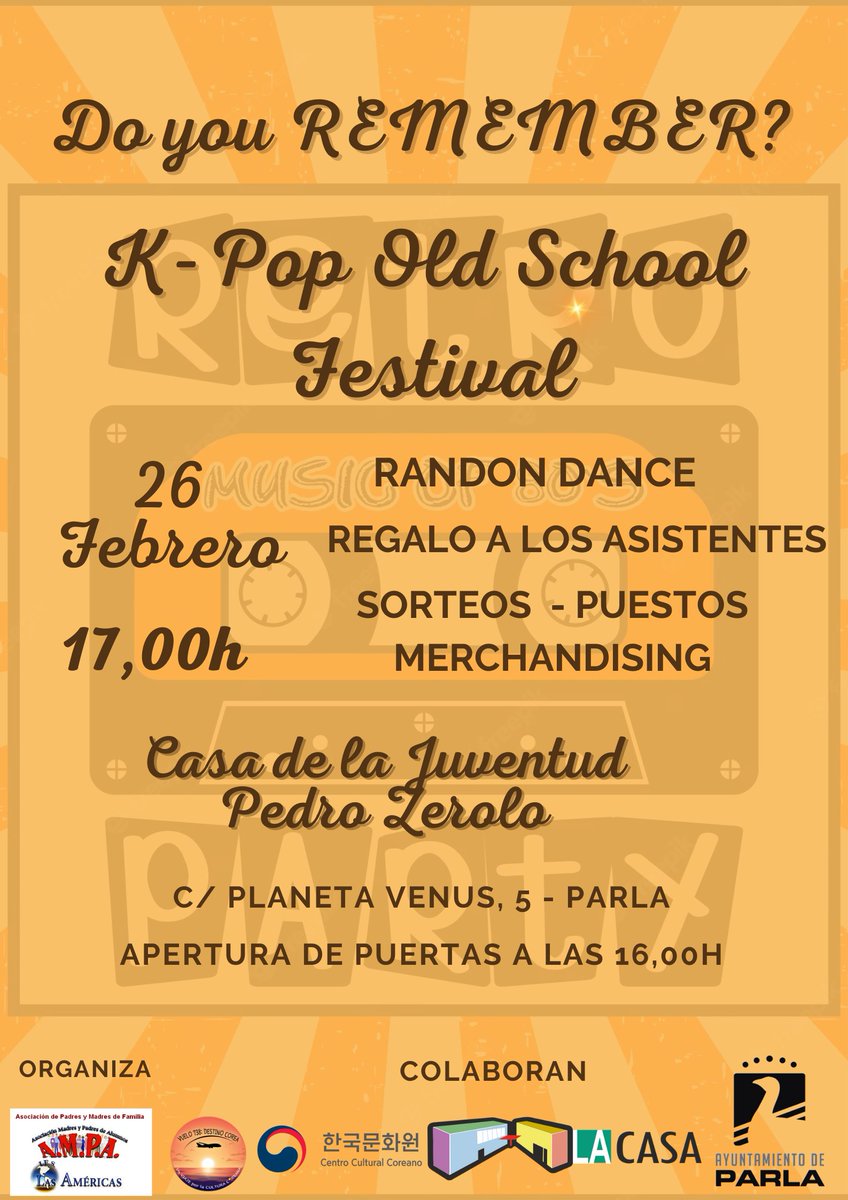 Juventud_Parla's tweet photo. ¡Recuerda! Hoy domingo 26 a las 17:00h en #LaCasa...¡Festival Do you Remember? Old School, organizado por el Ampa del IES Las Américas de #Parla , con grupos de Kpop, sorteos, regalos... ¡Vente!
#showmethekpop #ampaieslasamericas #ampaiesnarcismonturiol #kpop #corea https://t.co/LjINnXfS6I