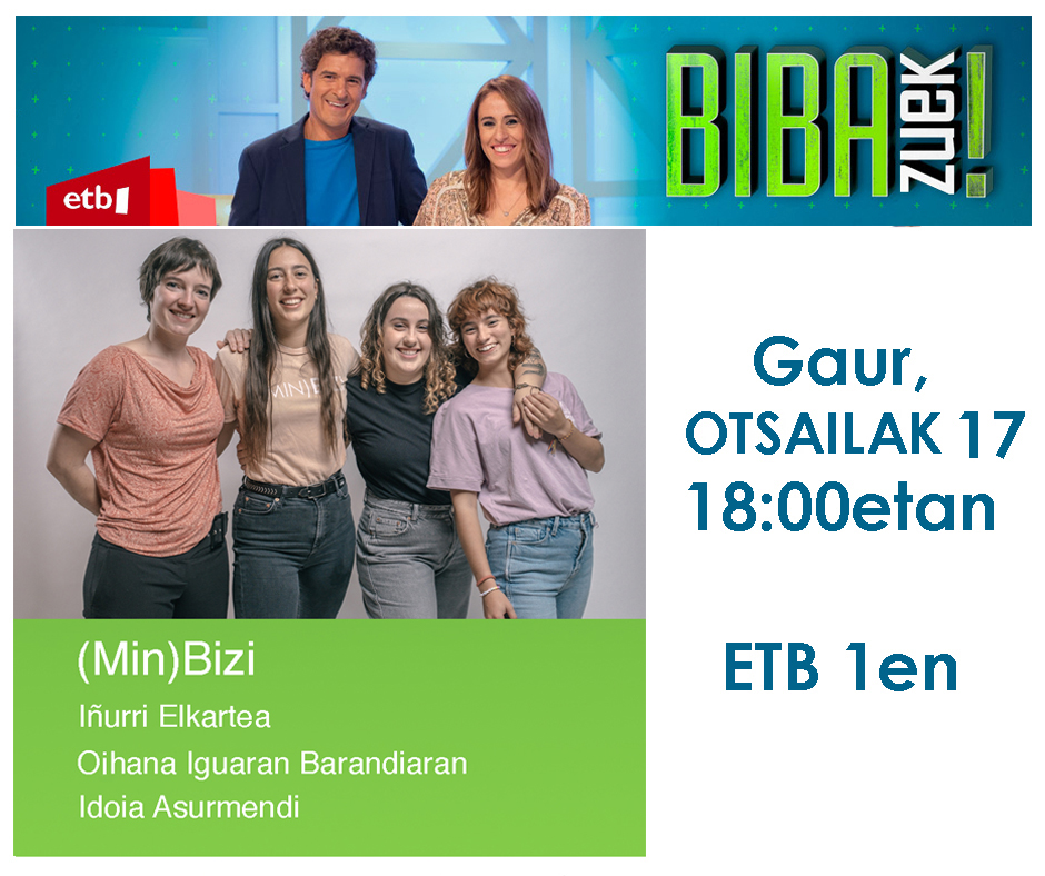 📺GAUR, otsailak 17, <a href="/inurri1/">Iñurri 🐜</a> elkarteko kideak 
<a href="/BibaZuekETB/">Biba Zuek</a> saioan izango dira ⏰18:00etan!
(MIN)BIZI abestiaren letragilea den Oihana Iguaran Barandiaran, bertan izango da ere. 
EZ GALDU PROGRAMA!! 🌈
#MunduBerriBatGuztiontzat  <a href="/EITBofiziala/">EITB</a> #BibaZuek