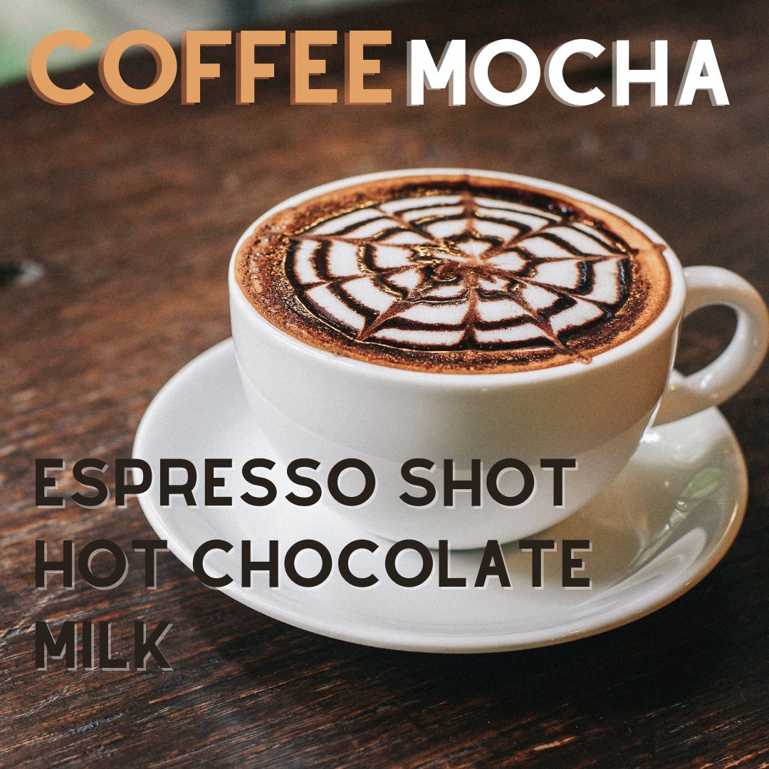 Coffee Mocha: 
Make your shot of espresso as usual, add to a mug and stir in your hot chocolate.
Steam your milk and pour of the espresso/chocolate. Dust with chocolate.