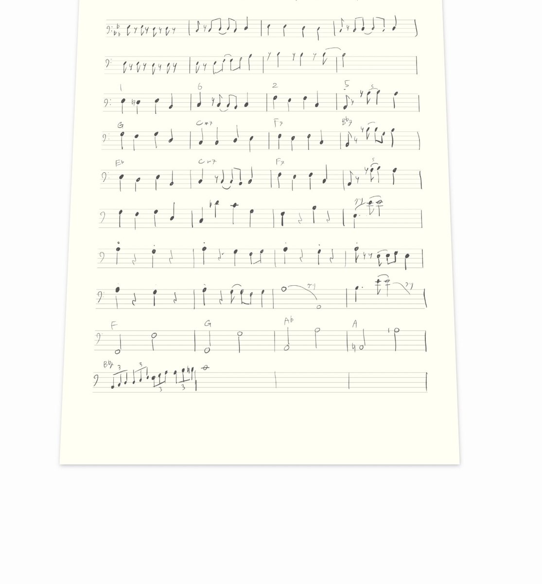 SoundSrbass's tweet photo. 最近むっスメにおしえてもらった曲のベースを車内でメモ、前半まで書けた。4ビートなベースの曲を探してたのでうれしい。後で弾いてみよう。お腹すいた。 https://t.co/PMODNGJdgt