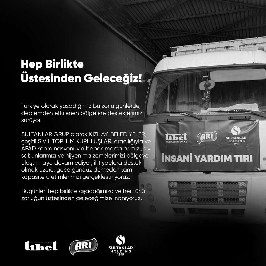 Hep birlikte üstesinden geleceğiz!
Türkiye olarak yaşadığımız bu zorlu günlerde, depremden etkilenen bölgelere desteklerimiz sürüyor. 
Bugünleri hep birlikte aşacağımıza ve her türlü zorluğun üstesinden geleceğimize inanıyoruz.