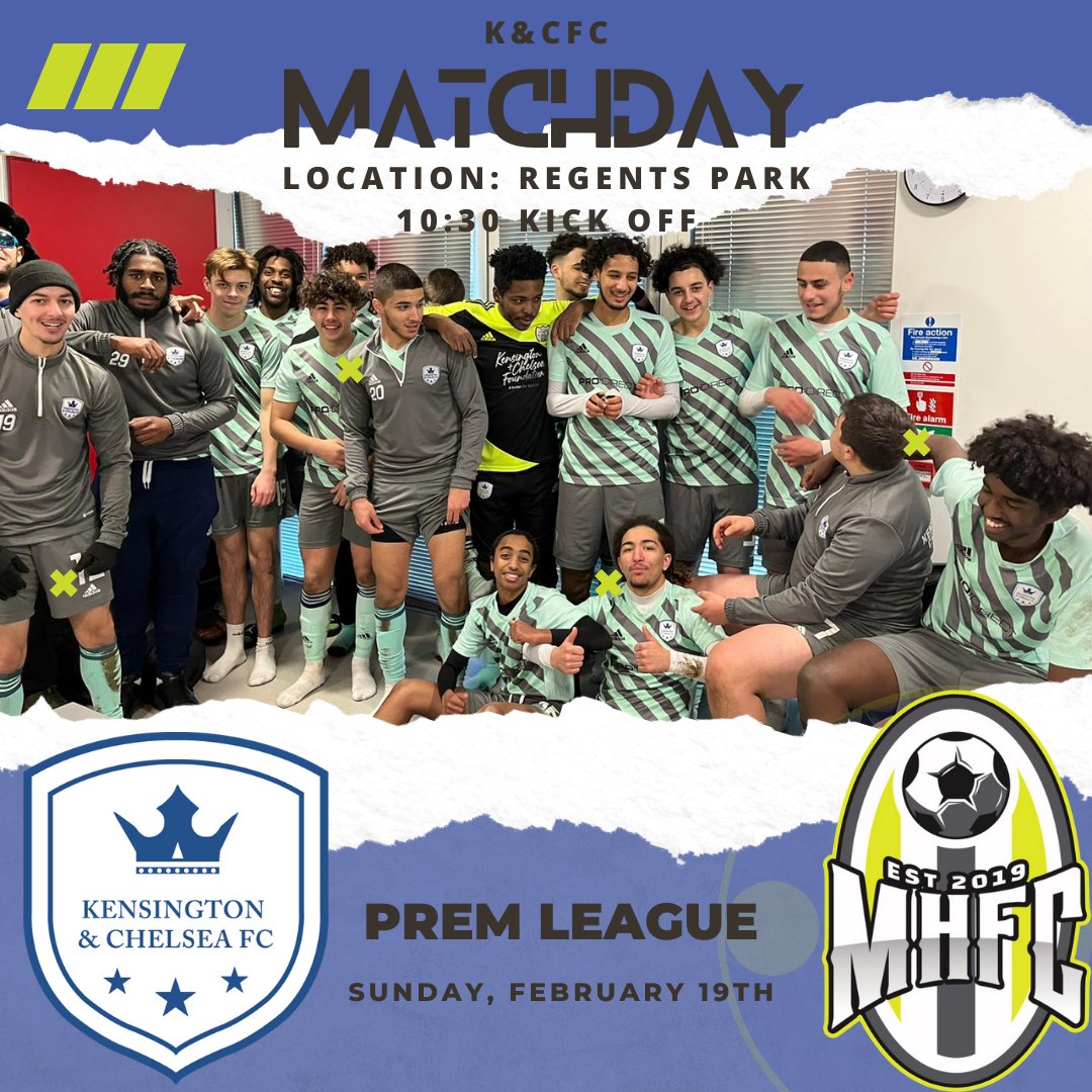 LEAGUE MATCH DAY 19/02/2023 10:30 REGENT'S PARK
KENSINGTON &amp; CHELSEA FC VS MHFC 
DOUBLE POINTS FOR THIS MATCH 
WE LOOK FORWARD TO SEEING OUR FANS &amp; FAMILY ON THE TOUCHLINE. 

#LONDONFOOTBALL #GRASSROOT #KENSINGTONANDCHELSEA