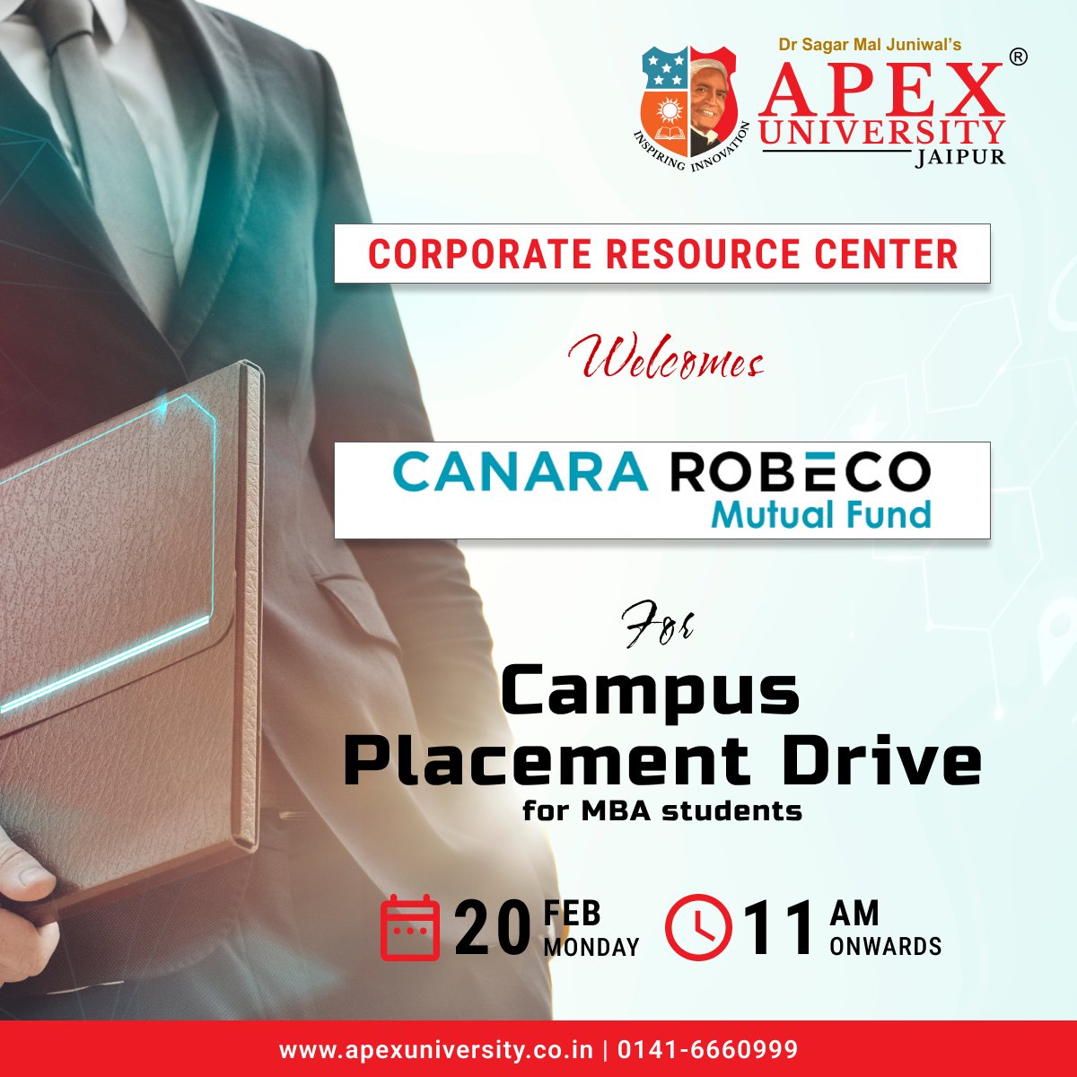 APEX_COLLEGES's tweet photo. Corporate Resource Center, Apex University, Jaipur is going to organize Campus Placement Drive for MBA Students on 20th February 2023 in association with Canara Robeco Mutual Fund.
#Placement #PlacementDrive #OnCampusPlacement #Company #Organization #MNC #mba #apexians https://t.co/LufINFQOeL