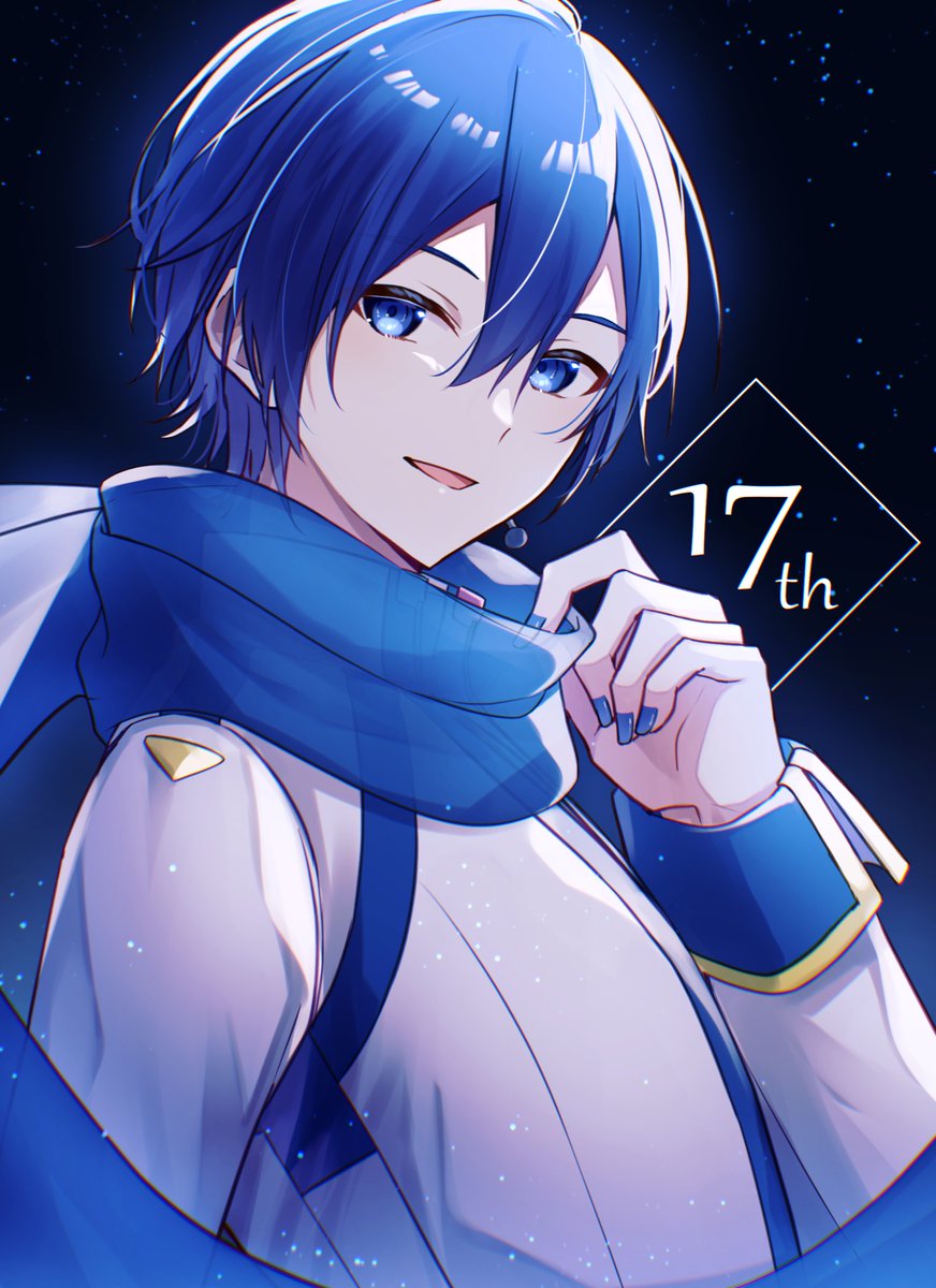 kaito (vocaloid) male focus blue eyes blue hair 1boy scarf blue nails upper body  illustration images