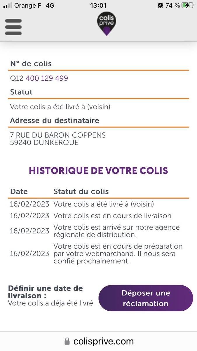 ClaraValcke's tweet photo. @bjr_colisprive bonjour à vous, on me dit que mon colis a été déposé chez « un voisin » sans préciser le numéro.. pour l’instant aucun de mes voisins n’a récupéré mon colis … https://t.co/yQLDUhvpij