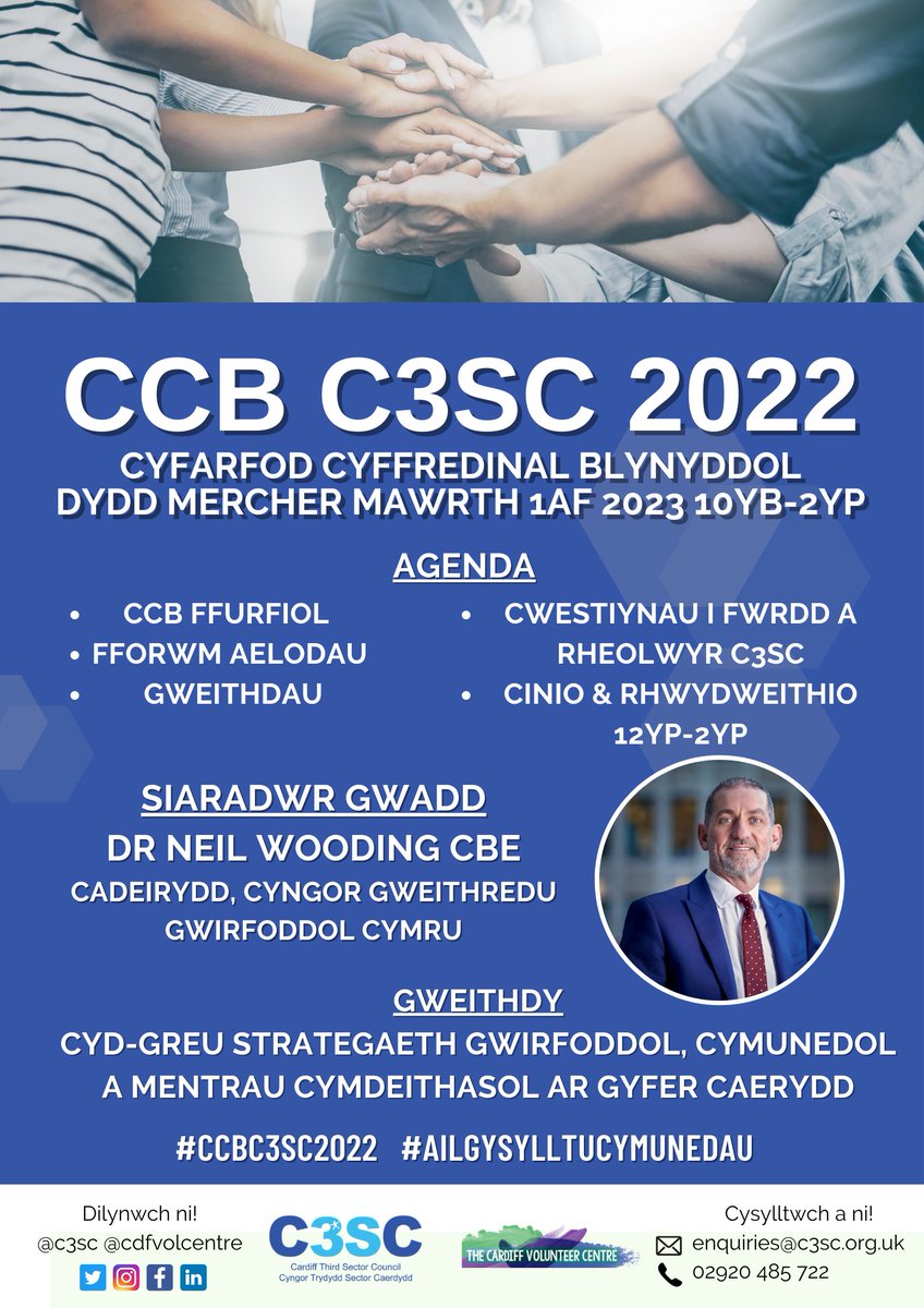 C3SC's tweet photo. Join our AGM and Annual Membersโ Meeting 2022 on 1st March 2023, 09:30 โ 14:00 at the Butetown Community Centre and on Zoom.
We are pleased to be joined by @WCVACymru Chair, Dr Neil Wooding CBE!
Book your place here: https://t.co/AuMGijf8HF
#C3SCAGM2022 #ReconnectInCommunities https://t.co/BosLbcctrV