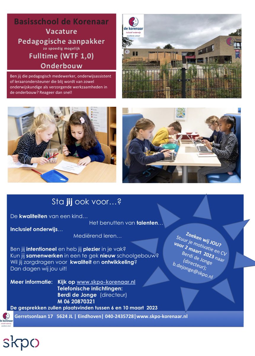 Vacature voor een full-time pedagogische aanpakker! Kom jij op onze mooie inclusieve basisschool werken? #vacature