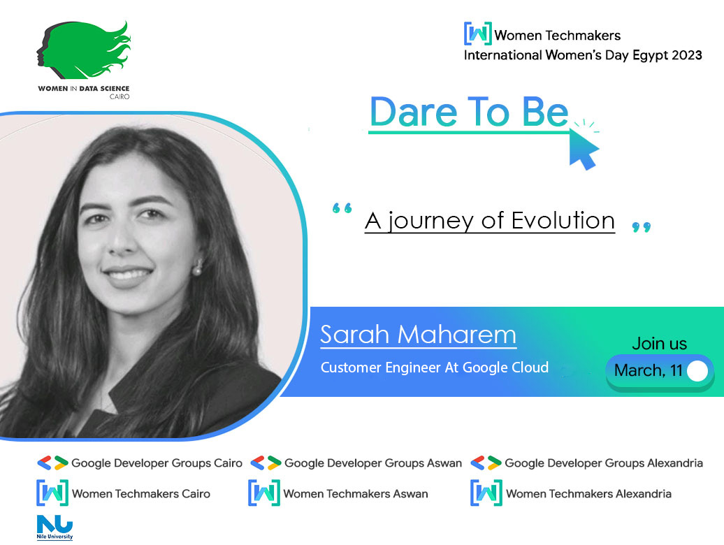our first googler
👩‍💻Sarah Maharem 
Sarah is the Customer Engineer at Google Cloud
 register now 👇
forms.gle/RGh9uvQytkFmRK…
#WTMDareToBe #IWD23 #IWD23Egypt #IWDMENA #WomenTechMakers #Women_in_Data_Science_Cairo #WIDS #WTM
#GDGCairo #GDGAswan #GDGAlexandria
