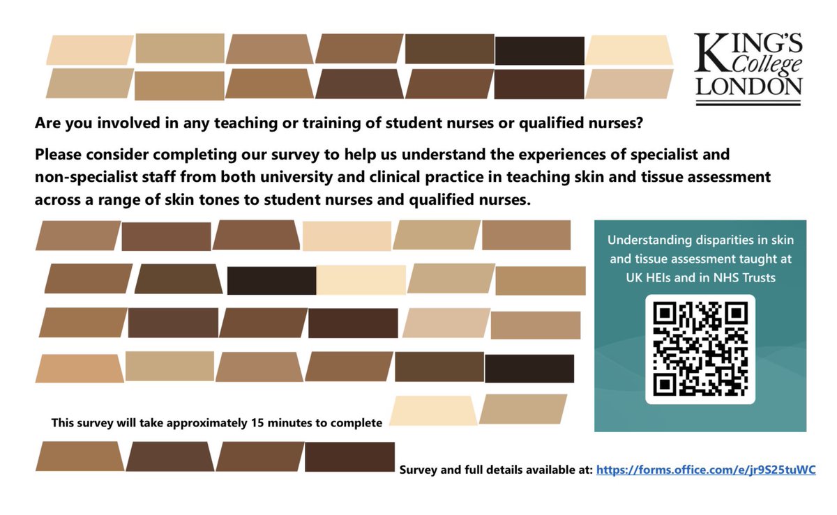 RCNOPF's tweet photo. Are you involved in teaching #skinassessment to #studentnurses or qualified #nurses?
Your experiences can be from a range of patient encounters, from #ADLs to #woundassessment, or in university.
Check out this survey by @KingsNursing
Link:๐๐ป๐๐ผ๐๐ฝ๐๐พ๐๐ฟ
https://t.co/Li0eXZFjYD https://t.co/BT5HPy9Ure