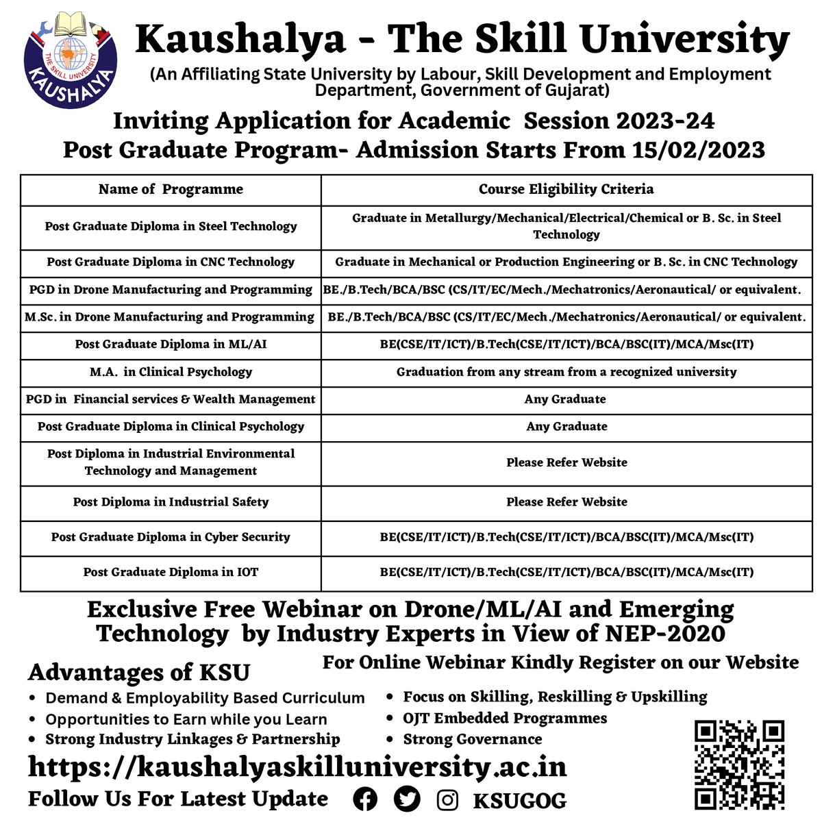 Golden Opportunity for Students!
Inviting Application for Academic Session 2023-24
Post Graduate Program–Admission Starts From 15/02/2023
For more information visit-kaushalyaskilluniversity.ac.in or 
Apply here:- ksu.ucanapply.com or scan QR CODE in Image <a href="/anju_sharma_ind/">Anju Sharma</a> <a href="/KSUGOG/">KAUSHALYA THE SKILL UNIVERSITY</a>