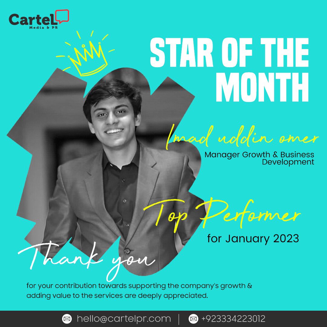 A huge shout-out to our exceptional performers from January , Minahil Khan and Imaduddin Omer.
We admire their dedication, diligence, and perseverance in ensuring the success of Cartel Media and PR
#cartelpr #employeeofthemonth  #highachievers