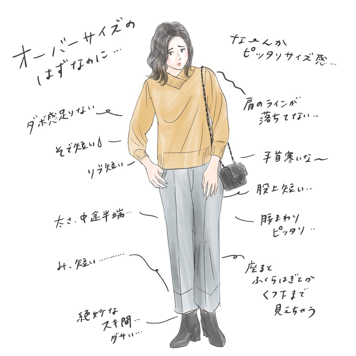 身長180cmちょいの私による、「高身長女性のお洋服お悩みあるある」描きました🥹

単に丈が足りないとかじゃなく、肩幅腰幅、ポケットの位置や全体のバランス悪見えなど、いっぱいあるんですよね〜! 